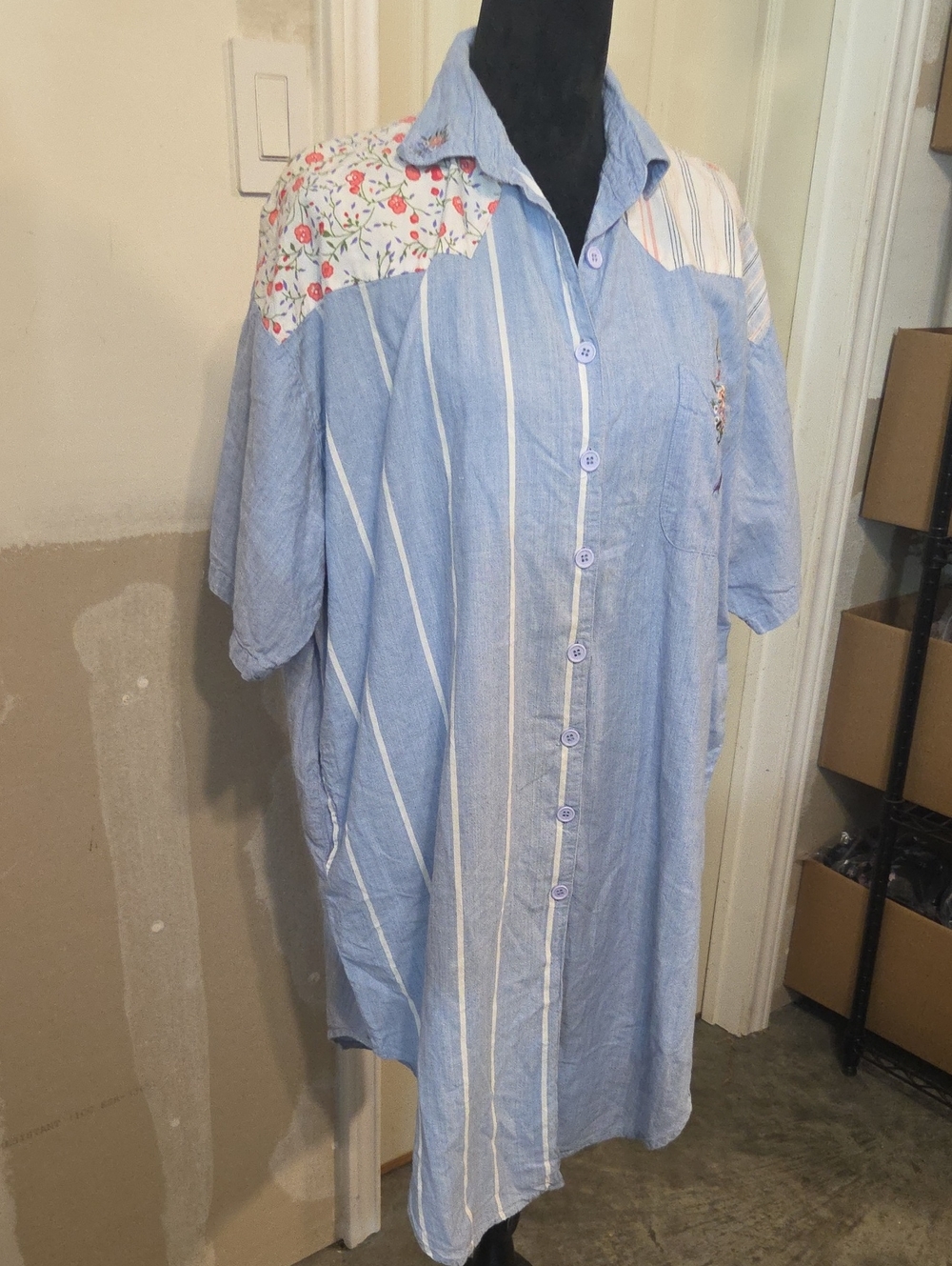 Chandri Light Blue Striped Button-Up Shirt Dress Floral Yoke  Cotton Pockets